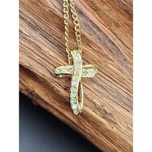 Vtg Signed David Monn Necklace Gold-plated Cross with Rhinestone and Peridot